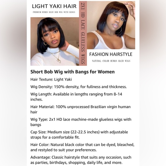 HUMAN HAIR Brazilian 10” Short Black Straight Bob Wig w/Bangs 2X1 HD Lace Scalp - Picture 7 of 11